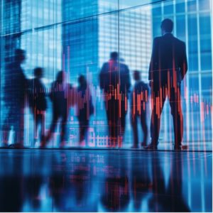 Silhouettes of professionals in front of a stock market chart, symbolizing business law and finance